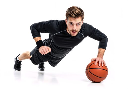 Athletic man performing a challenging push-up with one hand on a basketball. Determined male athlete in black sportswear during a strength workout isolated on a white background