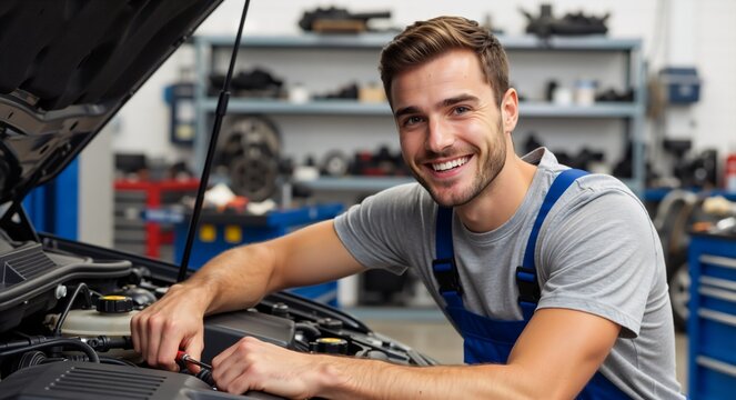 Smiling professional mechanic working on a car engine in a garage. Happy auto technician performing vehicle maintenance in a workshop - Powered by Adobe