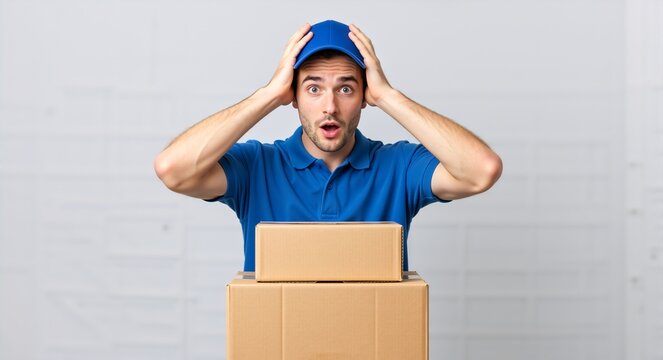 A shocked delivery man in a blue uniform holds his head in panic. Stressed courier expresses disbelief over a shipping problem or mistake with packages