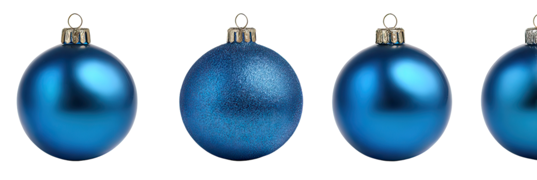 Three blue Christmas ornaments in a straight line with luxurious glossy finish on transparent background