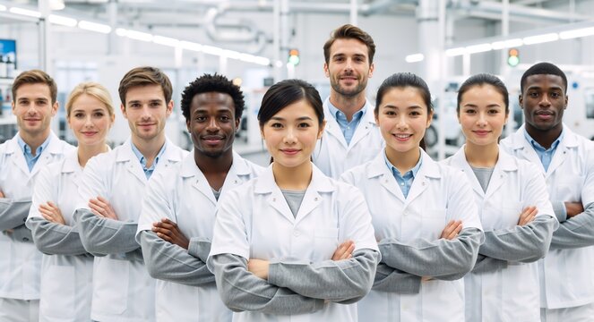 A diverse team of professional engineers and scientists in a modern factory. Multi-ethnic group of industrial workers in lab coats smiling with arms crossed. Teamwork and collaboration concept - Powered by Adobe