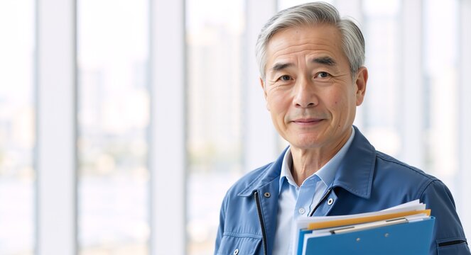 Confident senior asian worker smiling at the camera. Portrait of an experienced male manager or engineer in a factory holding a clipboard with copy space