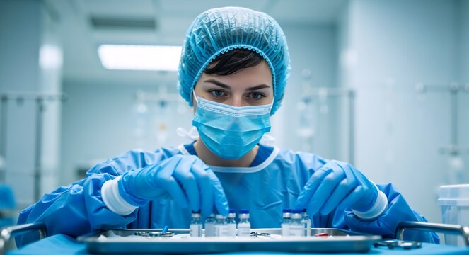 A female nurse in full PPE carefully prepares vaccine vials in a hospital. A healthcare professional works with medicine in a sterile laboratory environment