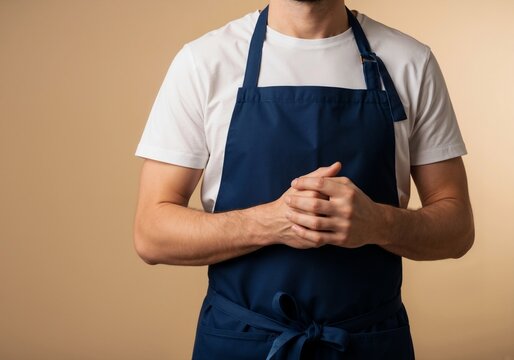 Man in a blue apron with clasped hands. Professional chef, waiter or small business owner in uniform. Service industry and hospitality concept with copy space - Powered by Adobe