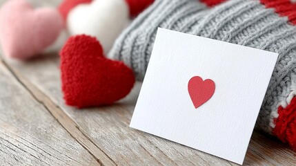 Minimal romantic card with a red heart placed on a wooden table with soft cozy d&eacute;cor in the background
