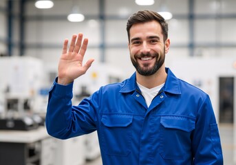 Happy industrial worker in a blue uniform waving at the camera. Portrait of a smiling male technician in a factory