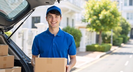 Portrait of a smiling delivery man holding a cardboard box. Young courier in a blue uniform standing by his car ready for package shipment. Logistics and e-commerce service concept with copy space