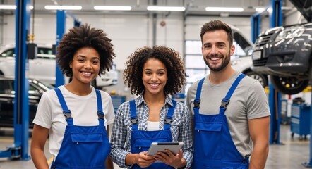 Diverse team of smiling mechanics posing in a car repair shop. Professional auto technicians with a tablet in a modern workshop