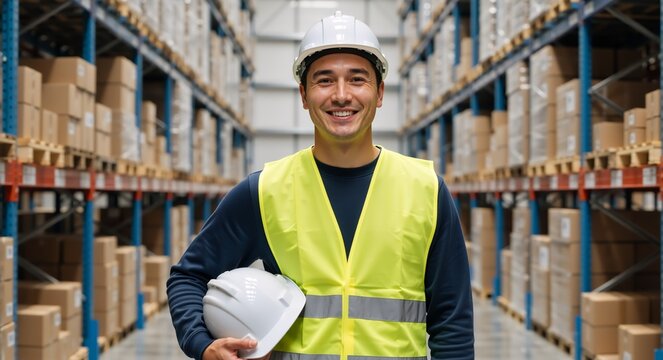 Smiling warehouse worker portrait in a large distribution center. Male industrial employee in a hard hat and safety vest looking at the camera - Powered by Adobe