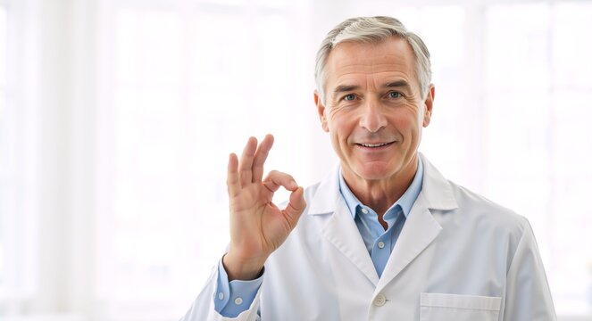 Smiling senior male doctor making an ok hand gesture. Confident mature medical professional in a white lab coat showing approval. Healthcare concept with copy space