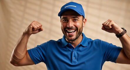 A cheerful man in a blue cap and polo shirt celebrates a victory. Happy and successful person flexing biceps with a confident smile