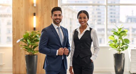 Portrait of a diverse professional business team in a modern office. Confident male and female colleagues smiling at the camera. Corporate teamwork and leadership concept
