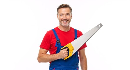 Confident carpenter holding a handsaw and smiling at the camera. Professional handyman in blue overalls isolated on a white background with copy space