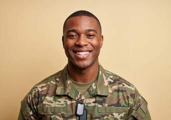Happy African American soldier in camouflage uniform smiling at the camera. Portrait of a young military man with dog tags. Studio shot representing patriotism and service