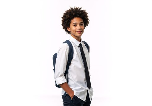 Confident African American schoolboy in uniform with a backpack smiling at the camera. Happy student isolated on a white background. Back to school and education concept - Powered by Adobe