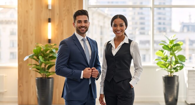 Portrait of a diverse professional business team in a modern office. Confident male and female colleagues smiling at the camera. Corporate teamwork and leadership concept
