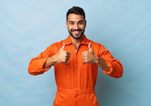 Happy male worker in an orange uniform giving a double thumbs up. Positive mechanic showing approval and satisfaction. Isolated on a blue background with copy space