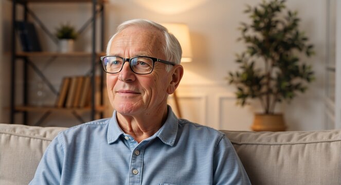 Content senior man with glasses looking away with a gentle smile. Close-up portrait of a happy elderly male relaxing at home on the couch. Retirement and aging gracefully - Powered by Adobe