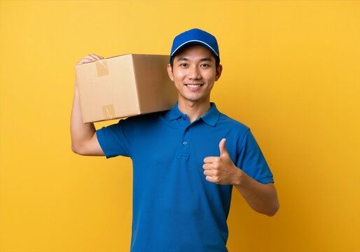Happy Asian delivery man holding a cardboard box and giving a thumbs up. Friendly courier in a blue uniform isolated on a yellow background with copy space for text