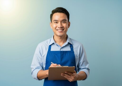 Friendly Asian waiter in a blue apron holding a clipboard and smiling. Small business owner or employee providing customer service. Portrait with copy space on a blue background - Powered by Adobe