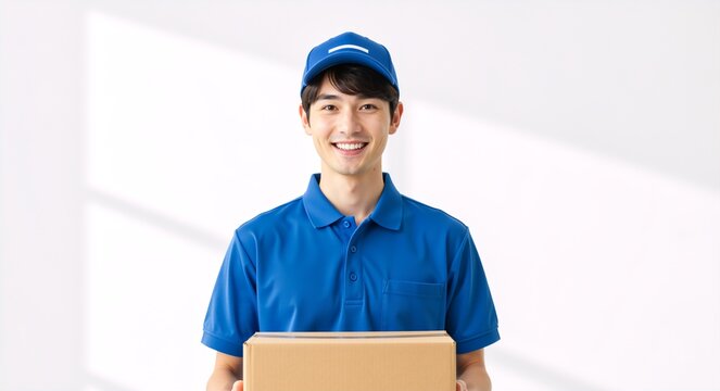 Smiling young asian delivery man holding a cardboard box. Professional courier in a blue uniform providing shipping service on a white background