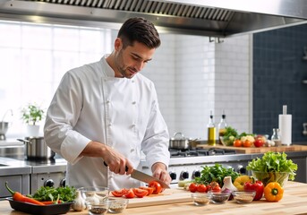 Professional male chef cooking in a modern kitchen. Man in uniform slicing fresh tomatoes and vegetables for a healthy meal