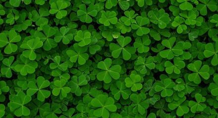 Dense field of vibrant green clover leaves close up shamrock nature