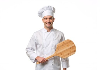 Smiling professional chef in uniform holding a wooden pizza peel. Happy male cook or baker isolated on a white background with copy space