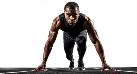 Muscular male athlete in a sprinter's starting position on a running track. Determined African American man ready for a race. Fitness and power concept with copy space