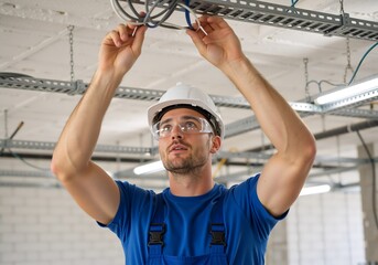 Focused electrician installing electrical wiring in a ceiling cable tray. Professional technician working on a construction site