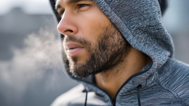 Close-up of breath forming vapor in cold air during winter jogging, symbolizing effort and discipline,