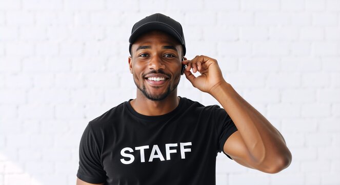 A friendly Black man in a staff t-shirt and cap smiling at the camera. Professional event employee or security guard with a wireless earpiece