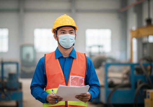 Asian factory worker wearing a face mask and hard hat during an inspection. Male engineer with a clipboard working in a manufacturing plant. Industrial safety and quality control concept