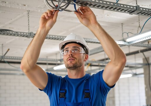 Focused electrician installing electrical wiring in a ceiling cable tray. Professional technician working on a construction site