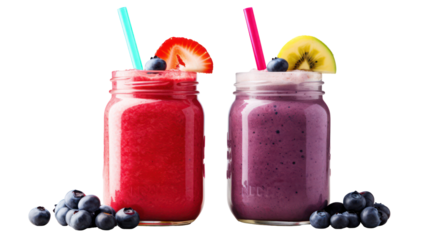 Two colorful fruit smoothies in mason jars with fresh berries isolated on transparent background