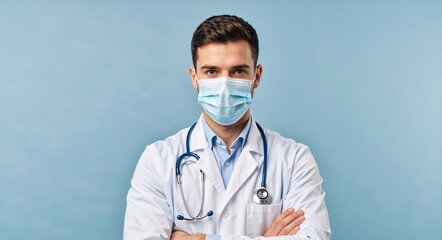 Confident male doctor wearing a surgical face mask and lab coat with a stethoscope. Medical professional with arms crossed looking at the camera on a blue background with copy space.