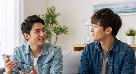 Two young asian men talking and smiling on a sofa at home. Male friends having a friendly conversation in the living room