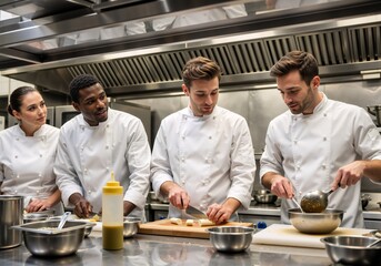 A diverse team of professional chefs collaborating in a commercial kitchen. Culinary staff working together on food preparation
