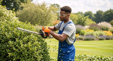 Male landscaper trimming a bush with an electric hedge trimmer in a garden. Professional yard work and maintenance service