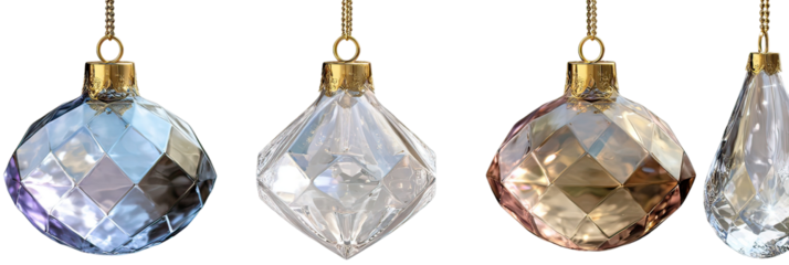Three luxury glass ornaments hanging in assorted shapes and colors on transparent background