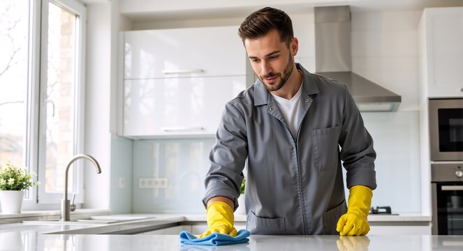 Professional male cleaner in a grey uniform and yellow gloves wiping a modern kitchen countertop. Janitor providing a commercial cleaning service for a home