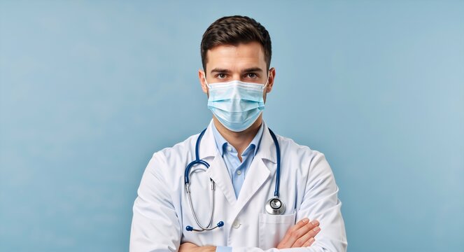 Confident male doctor wearing a surgical face mask and lab coat with a stethoscope. Medical professional with arms crossed looking at the camera on a blue background with copy space. - Powered by Adobe