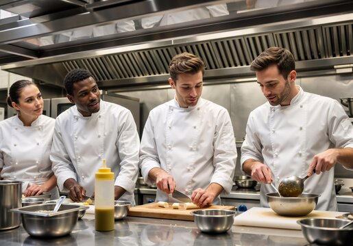 A diverse team of professional chefs collaborating in a commercial kitchen. Culinary staff working together on food preparation