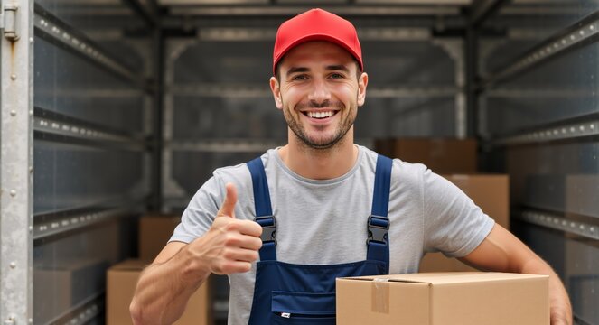 A smiling delivery man holding a cardboard box shows a thumbs up. A professional mover in uniform stands inside a moving truck. Relocation and logistics service concept