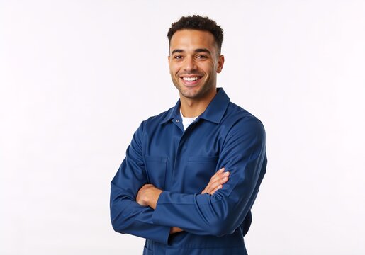 Confident smiling professional worker in a blue uniform with arms crossed. Happy young male technician or mechanic posing on a white background with copy space - Powered by Adobe