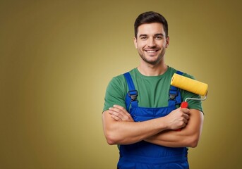 Smiling professional painter in overalls holds a paint roller. Confident young handyman ready for home renovation and decorating services with copy space
