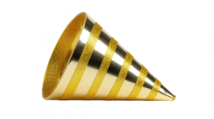 Gold party hat with shiny glitter stripes, festive cone shape, celebration accessory for birthday, New Year, or special event, cheerful and decorative design