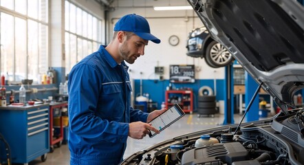 Auto mechanic using a tablet for car diagnostics in a service garage. Professional technician inspecting a vehicle engine with modern computer technology