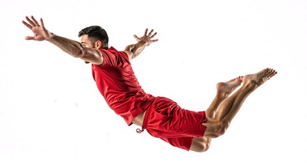 Athletic man in red sportswear jumping in a dynamic action pose. Muscular athlete flying or diving in mid-air isolated on a white background