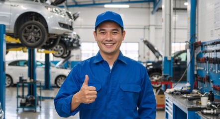 Smiling auto mechanic giving a thumbs up in a car repair shop. Professional technician in uniform standing in a garage. Quality vehicle maintenance and service